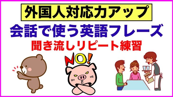 外国人対応力アップ会話で使う英語フレーズ＃11　（聞き流しリピート練習）【一言フレーズ、レストラン英語、簡単対応フレーズ、Can I とCan you フレーズ、I don’t フレーズ等】