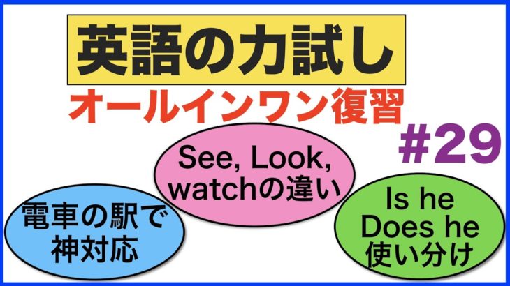 あなたはどれ位正しく言えるかな？【英語の力試し＃２９】（See, Look, Watchフレーズ、Is he とDoes he フレーズ、電車の駅で神対応フレーズ）